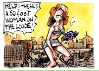 breasts drawing giantess city mega color bridge destruction handheld rampage bra skirt buildings brunette highway vehicles straddling top attack_of_the_50_foot_woman nancy_archer bare_legs makeshift_clothing bare_midriff nick_butch