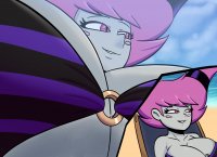 bikini breasts drawing micro color swimsuit beach cleavage ocean huge_breasts pink_hair teen_titans pink_eyes unaware shrunken_person point_of_view dc_comics anon grey_skin cutaway jinx_(teen_titans) jinx on_bra jinr21