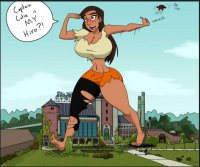 breasts drawing giantess mega color large_breasts barefoot cleavage brunette embarrassed foot_print pants dark_skin thighs disney top ripped_clothing factory tearing_clothes dialogue smoke_stack thick_thighs lamppost bare_legs big_hero_6 bare_midriff hiro_hamada baymax scorrion karmi
