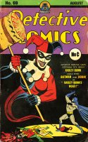 breasts drawing giantess crush mega color tongue green_eyes blood gloves boots harley_quinn robin parody mask comic_cover batman genie costume vintage cape licking_lips belt hammer dc_comics magic_lamp marco_dalfonso