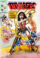 breasts drawing giantess mega black_hair color armor crossover cleavage skirt angry gloves boots fire shorts parody fighting mask comic_cover costume wonder_woman earrings belt crowds bracelet dialogue tiara lasso shield captain_america no_background arena dc_comics invaders bare_legs marvel_comics human_torch nick_butch namor bucky toro