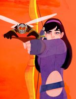 breasts drawing wings black_hair color purple_eyes gloves hawkeye shrunken_woman bow costume belt hairband arrows helmet no_background looking_at_tiny marvel_comics hope_van_dyne the_wasp kate_bishop carina_guevara