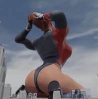 breasts giantess giga city mega butt buildings brunette gloves boots unknown_artist kneeling bodysuit thighs point_of_view leotard source_needed behind_view digital_render bare_legs