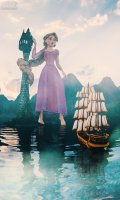 breasts giantess mega blonde long_hair blue_eyes barefoot water princess dress tower mountains reflection leaning_against_building disney braid ships tangled digital_render rapunzel flower_in_hair js3ds