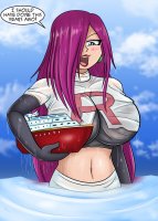 breasts drawing giantess pokemon blushing mega color large_breasts long_hair blue_eyes handheld skirt water ocean wet purple_hair gloves team_rocket cruise_ship hostage earrings top dialogue kidnapping dinobirdofdoom hair_covering_eyes cmwaters bare_midriff jessie_(pokémon)