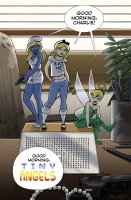 breasts drawing wings blonde color gun socks boots office shorts blue_skin parody tinkerbell shrunken_woman pen pants pencil hat smurf alice_in_wonderland disney necklace smurfette top belt dialogue hands_on_hips hairband hammer hair_bun peter_pan bare_midriff alice caanan_grall charlies_angles speaker