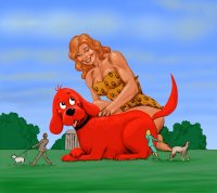 breasts drawing giantess tail mega dog blonde color crossover barefoot cleavage brunette smiling giganta park red_hair dress kneeling collar leash leopard_print petting dc_comics bare_legs nick-perks clifford_the_big_red_dog