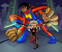 breasts drawing giantess horns city color crossover cleavage buildings brunette gloves short_hair boots star_wars mask fist costume belt bracelet scarf lightsaber orange_skin ms_marvel marvel_comics togruta kamala_khan ahsoka_tano jedi chris_marino lekku