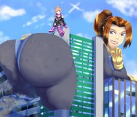 breasts drawing giantess city mega blonde color destruction blue_eyes cleavage buildings brunette multiple_sizes smiling gloves red_hair ponytail boots giantesses leaning_against_building costume bending_down x-men looking_behind legs_crossed sitting_on_building thick_thighs stuck_to_butt kitty_pryde marvel_comics kogochew felixia phasing