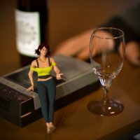 breasts cleavage shoes brunette sitting glass table shrunken_woman pants necklace earrings top wine_bottle digital_render janet_van_dyne marvel_comics champagne_glass the_wasp bare_midriff justasfmusername tape_recorder