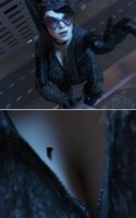 breasts city comic black_hair large_breasts claws cleavage buildings climbing gloves street boots shrunken_woman mask batgirl night costume catsuit cape catwoman zipper sliding thief digital_render dc_comics on_breasts