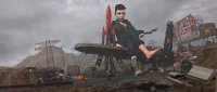 breasts giantess mega black_hair armor barefoot cleavage gun slave short_hair boots foot_worship cow food mountains vehicles box ruins laser_gun jumpsuit legs_crossed sitting_on_building mutant zipper restaurant elizabeth digital_render billboard analternateusername fallout looking_at_tinies electric_pylon