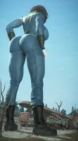 breasts giantess mega black_hair large_breasts butt destruction gun boots thighs jumpsuit behind_view helmet thick_thighs cracked_ground digital_render gas_station nora fallout looking_at_tinies anothercrazysfmstuff raiders vault_111