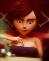 breasts large_breasts cleavage finger brunette brown_eyes red_hair dress short_hair shrunken_man costume milf disney earrings mrs._incredible the_incredibles looking_at_tiny digital_render elasti-girl pixar syndrome between_breasts elasti_girl sprankeez