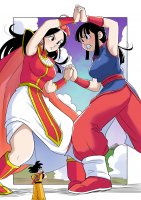 breasts drawing giantess mega black_hair color large_breasts long_hair skirt anime shoes angry goddess ponytail dress boots dragon_ball fighting giantesses goku pants thighs hat staff cape earrings belt bracelet chi_chi son_goku bare_legs annin gi pink_mousses