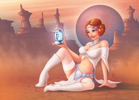 breasts drawing giantess color robot planet handheld cleavage skirt high_heels desert brunette brown_eyes smiling boots sitting star_wars mountains necklace top belt looking_at_tiny hair_buns princess_leia leia circlet bare_midriff r2_d2 pin_ups_fanart
