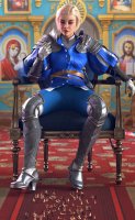 breasts giantess nude blonde armor sword high_heels slave gloves short_hair boots sitting shrunken_people pants dark_skin chair indoors belt imminent_crush digital_render looking_at_tinies allthesizepuns nobility