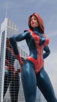 breasts giantess city mega large_breasts long_hair butt buildings green_eyes gloves red_hair muscles abs bodysuit reflection costume giant_girl jumpsuit looking_behind digital_render mary_jane spider-man marvel_comics earth_20052 ci0
