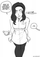 breasts drawing giantess mega monochrome black_hair long_hair spaceship uniform star_trek dialogue annoyed no_background guireyart10 number_one una_chin-riley