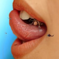 breasts giantess collage nude vore giga tongue teeth helicopter multiple_sizes crawling giantesses licking_lips no_background unnoticed