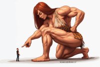 breasts giantess mega large_breasts long_hair barefoot cleavage bra giganta red_hair muscles shrunken_man pointing hands_on_hips leopard_print looking_at_tiny dc_comics loincloth ai_art vicariousdreams