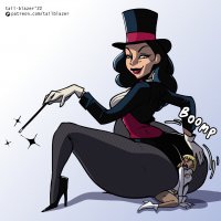 drawing giantess blonde color large_breasts butt blue_eyes cleavage high_heels butt_crush angry gloves short_hair fishnets shrunken_woman magic jacket belt leotard dialogue power_girl looking_behind magician thick_thighs no_background magic_wand looking_at_tiny top_hat zatanna dc_comics bare_legs hand_on_butt galatea tail_blazer