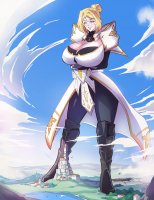 breasts drawing giantess giga blonde color destruction blue_eyes fantasy cleavage skirt water huge_breasts castle smiling boots village looming looking_down lake pants thighs towering angelgts hair_bun arms_folded foot_prints sarya