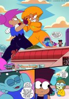 breasts drawing giantess mega alien comic color butt robot destruction glasses purple_hair red_eyes angry gloves boots popcorn fighting cartoon mall shannon headband dialogue floating cracked_ground hair_bun enid ok_k.o.!_lets_be_heroes red_action lewdssonk rad cartoon_network ko bodega dandy