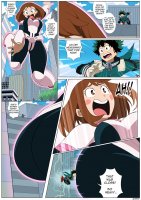 breasts drawing giantess mega comic color butt destruction butt_crush brunette embarrassed gloves green_hair boots costume belt dialogue floating thick_thighs my_hero_academia dangerking11 deku izuku_midoriya ochaco_uraraka ochako_uraraka