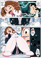 breasts drawing giantess mega comic color butt destruction butt_crush brunette embarrassed gloves green_hair boots sitting costume belt dialogue floating thick_thighs cracked_ground my_hero_academia dangerking11 deku izuku_midoriya ochaco_uraraka ochako_uraraka