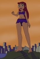 breasts drawing growth giantess city mega alien color long_hair destruction barefoot cleavage skirt buildings green_eyes smiling teen_titans red_hair starfire top ripped_clothing dc_comics orange_skin bare_midriff titans_tower jennygiantess