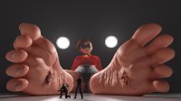breasts giantess toes barefoot blood brunette brown_eyes gore shrunken_men sitting foot_crush cruel mask costume milf disney stuck_to_foot mrs._incredible the_incredibles digital_render bare_legs elasti-girl pixar looking_at_tinies gtssrg
