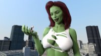 breasts giantess city mega blonde handheld cleavage buildings green_eyes red_hair harley_quinn twintails top poison_ivy ripped_clothing green_skin looking_at_tiny digital_render dc_comics on_palm bare_midriff venom21