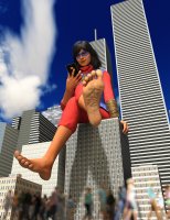 breasts giantess city mega black_hair toes buildings sitting phone mask costume point_of_view crowds legs_crossed sitting_on_building scarf digital_render ms_marvel marvel_comics kamala_khan anttiergod