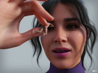 giantess nude black_hair butt handheld hawkeye shrunken_man freckles pinched looking_at_tiny digital_render marvel_comics kate_bishop eonxz