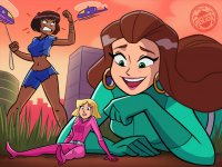 breasts drawing giantess city mega blonde color long_hair blue_eyes buildings helicopter green_eyes angry brunette multiple_sizes brown_eyes carmen lying_down short_hair sitting shorts shrunken_woman grass fist costume milf totally_spies earrings top belt ripped_clothing jumpsuit looking_at_tiny stella spunkbug gabby