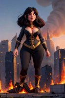 breasts drawing giantess city black_hair destruction cleavage brown_eyes boots fire cruel pants smoke thick_thighs ai_art