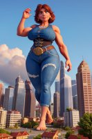 breasts drawing giantess city mega barefoot buildings jeans brunette bbw muscles milf necklace earrings belt thick_thighs ai_art