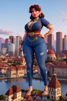 breasts drawing giantess city mega cleavage water buildings jeans brunette bbw sandals milf earrings belt bracelet hands_on_hips thick_thighs ai_art