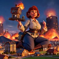 breasts drawing giantess crush city mega butt destruction handheld buildings brunette red_hair kneeling fire pants night milf earrings belt handbag ai_art