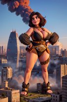breasts drawing giantess city mega large_breasts destruction toes cleavage buildings brunette sandals muscles smoke milf necklace leotard hands_on_hips bare_legs ai_art