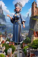 breasts drawing giantess city mega fantasy cleavage goddess castle street dress mountains grey_hair milf earrings ai_art