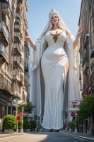 breasts drawing giantess white_hair city mega fantasy cleavage buildings goddess dress crown milf between_buildings thick_thighs ai_art