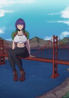breasts drawing giantess mega color bridge water ocean purple_hair shoes purple_eyes smiling short_hair sitting watch pants thighs jacket necklace golden_gate_bridge top looking_at_viewer sitting_on_building bare_midriff hellbender47 simone_fairchild kerifik