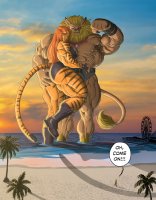 drawing giantess furry tail tiger blonde color butt giant blue_eyes digimon beach crossover bra green_eyes couple boots muscles lion shorts fist palm_trees striped necklace earrings belt ferris_wheel pier dialogue tigra orange_hair wading einom scar looking_at_tiny pointed_ears kriredor123 marvel_comics mane hand_on_butt west_coast_avengers leomon brodok