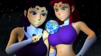 breasts giantess earth giga alien space black_hair large_breasts planet green_eyes purple_eyes teen_titans red_hair starfire giantesses costume top pointing stars digital_render dc_comics cosmic_giantess gauntlets bare_midriff blackfire terra mrnotlocazo220