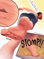 breasts drawing crush comic color butt toes barefoot skirt brunette brown_eyes foot_crush shorts unaware shrunken_person indoors dirty_soles red_nails point_of_view on_foot dirt dialogue looking_behind bare_legs nano micromistakes