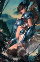 breasts giantess city mega blonde long_hair armor cleavage bra skirt buildings ponytail unknown_artist thighs point_of_view source_needed wires spear gauntlet bare_legs bare_midriff ai_art