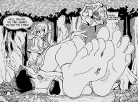 drawing feet monochrome toes barefoot elf boots sitting twintails shrunken_man forest point_of_view earrings trees dialogue stuck_to_foot pointed_ears cutaway frieren frieren_beyond_journeys_end