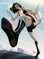 breasts drawing giantess city mega color buildings brunette smiling gloves boots shorts thighs costume point_of_view doom_patrol looking_at_viewer belt dc_comics bare_legs elasti-girl rita_farr redrollerball